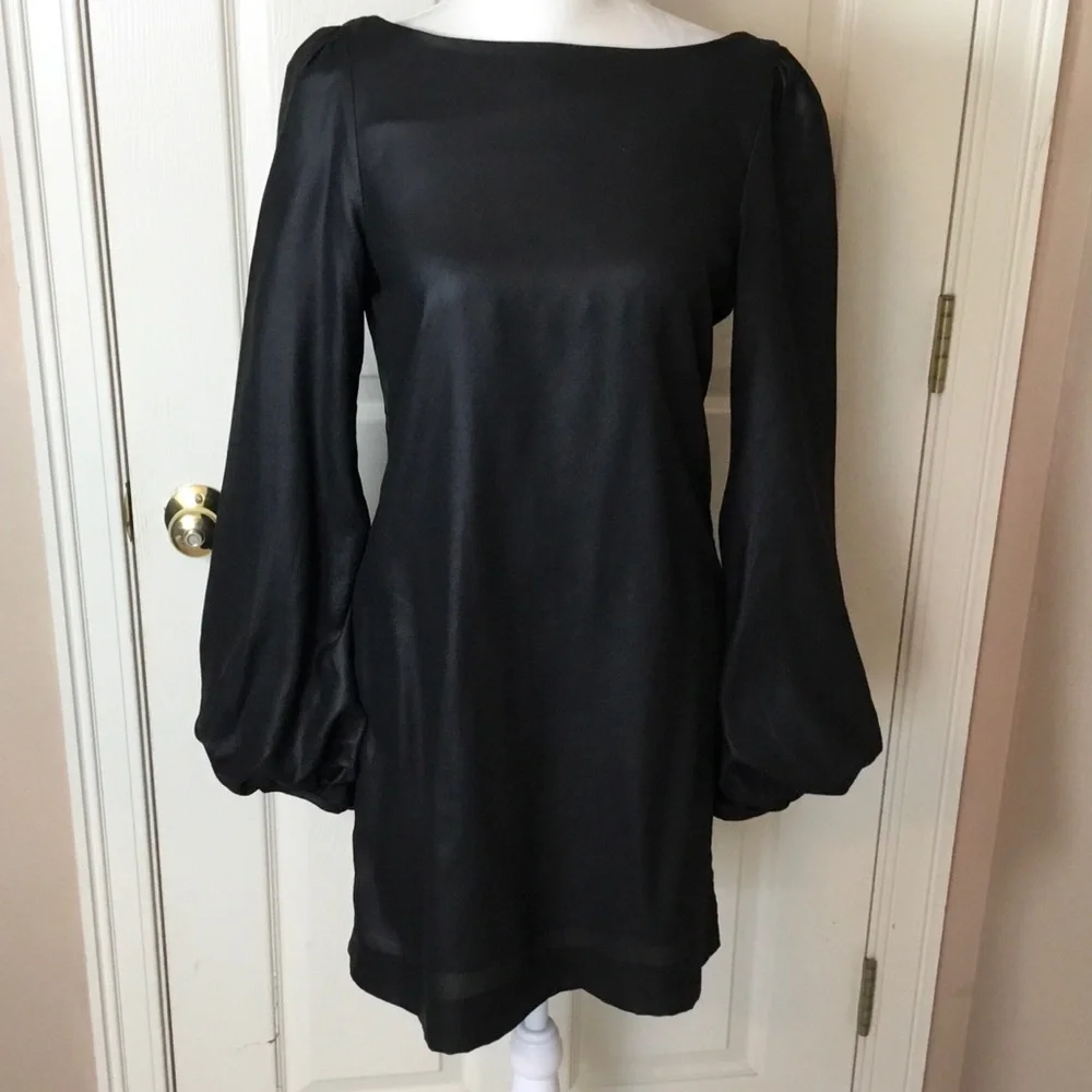 Elizabeth & James Black Silk Blend Long Bell Sleeve Dress Exposed Back - Size 2